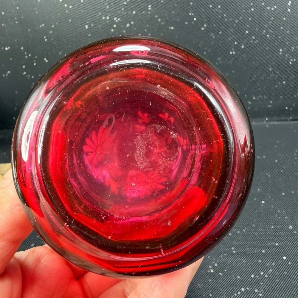 Antique Cranberry Glass Bud Vase Hand Painted Enamel Daisy Ruby Red 6.5inch